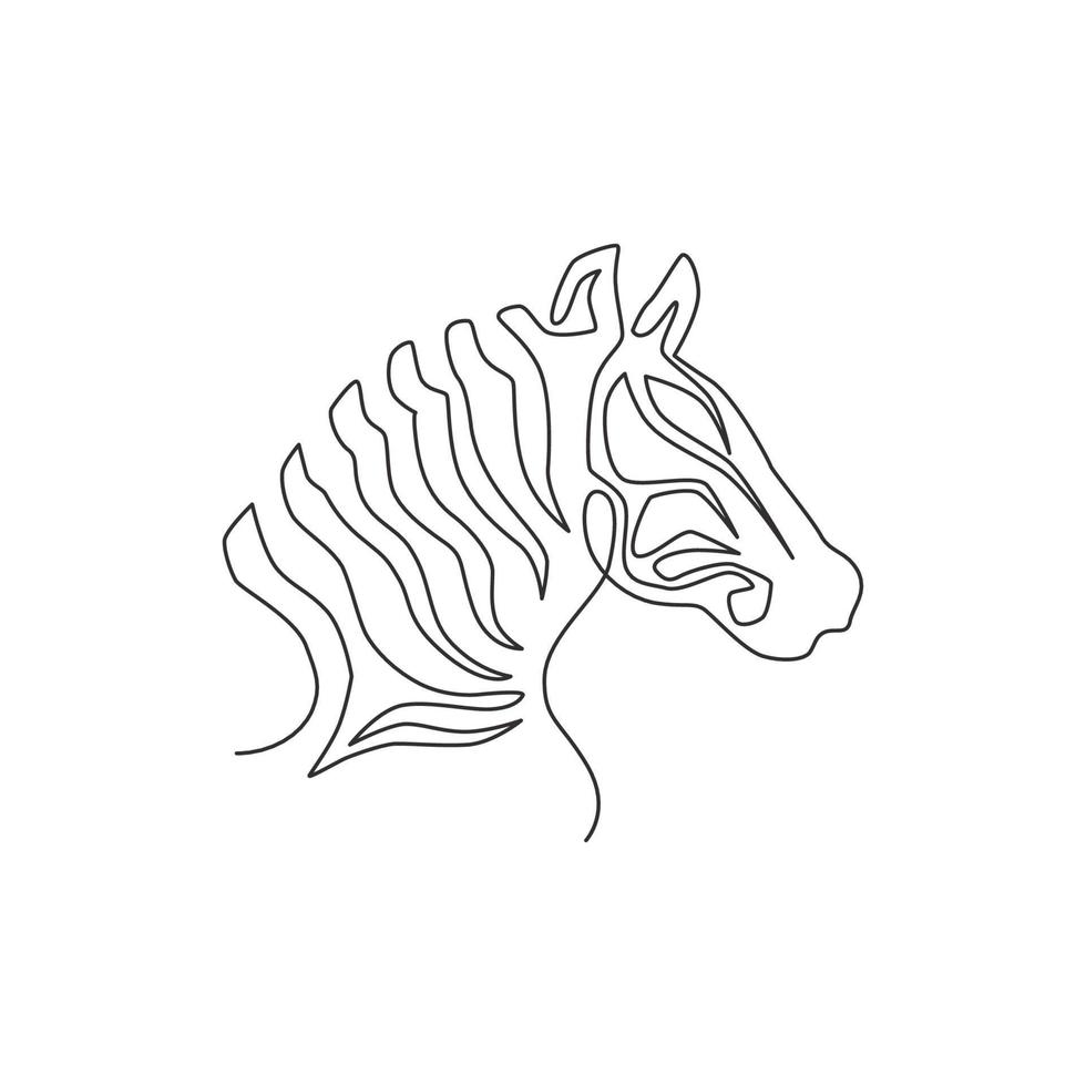 um desenho de linha contínua da cabeça de zebra para a identidade do logotipo do zoo safari national park. cavalo típico da áfrica com conceito de listras para mascote da empresa. ilustração de desenho moderno de desenho de linha única vetor