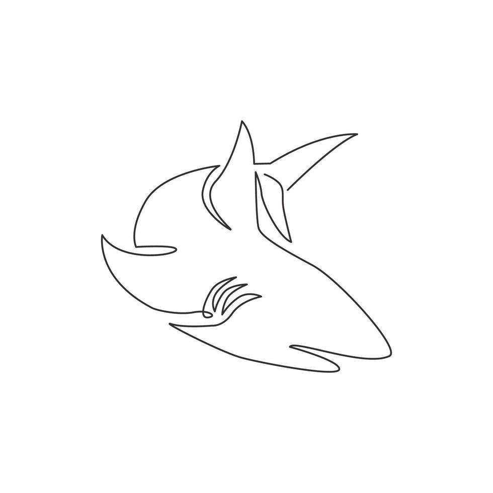 desenho de linha única contínua de tubarão agressivo para a identidade do logotipo da empresa de aventura na natureza. conceito de animais selvagens peixes do mar para mascote da organização do oceano seguro. ilustração de desenho de desenho de uma linha vetor