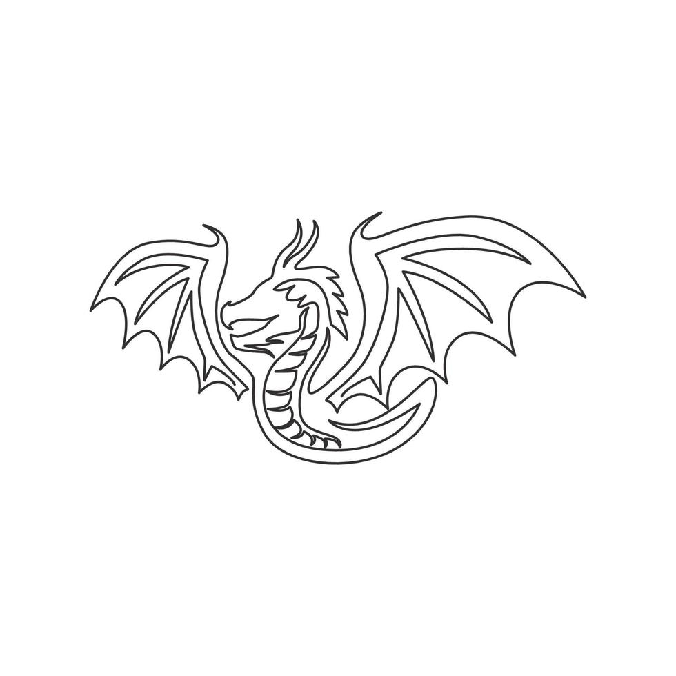 um desenho de linha contínua do dragão da criatura mitológica para a identidade do logotipo da empresa. fantasia dinossauros voando conceito mascote animal para tribal decorativo. ilustração em vetor desenho desenho de linha única