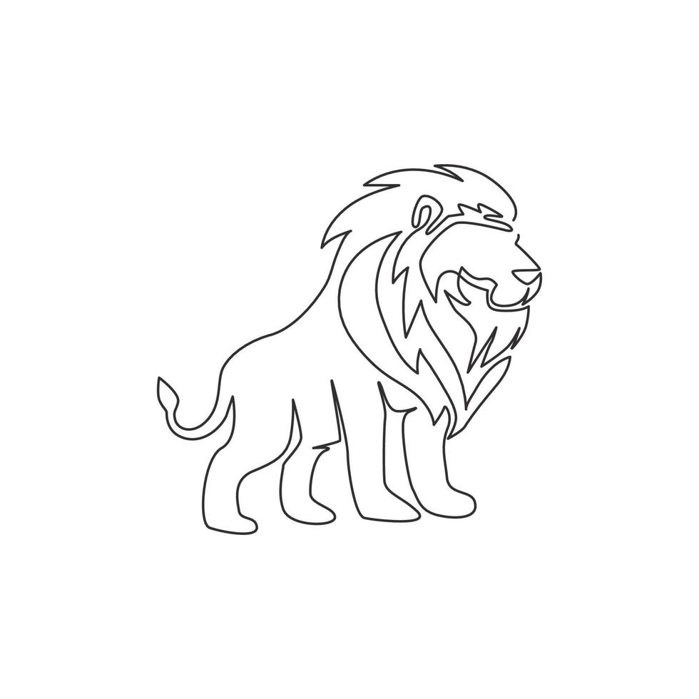 um desenho de linha única de leão selvagem para a identidade do logotipo de negócios da empresa. conceito de mascote animal forte wildcat mamífero para o parque nacional de conservação. ilustração em vetor desenho desenho em linha contínua