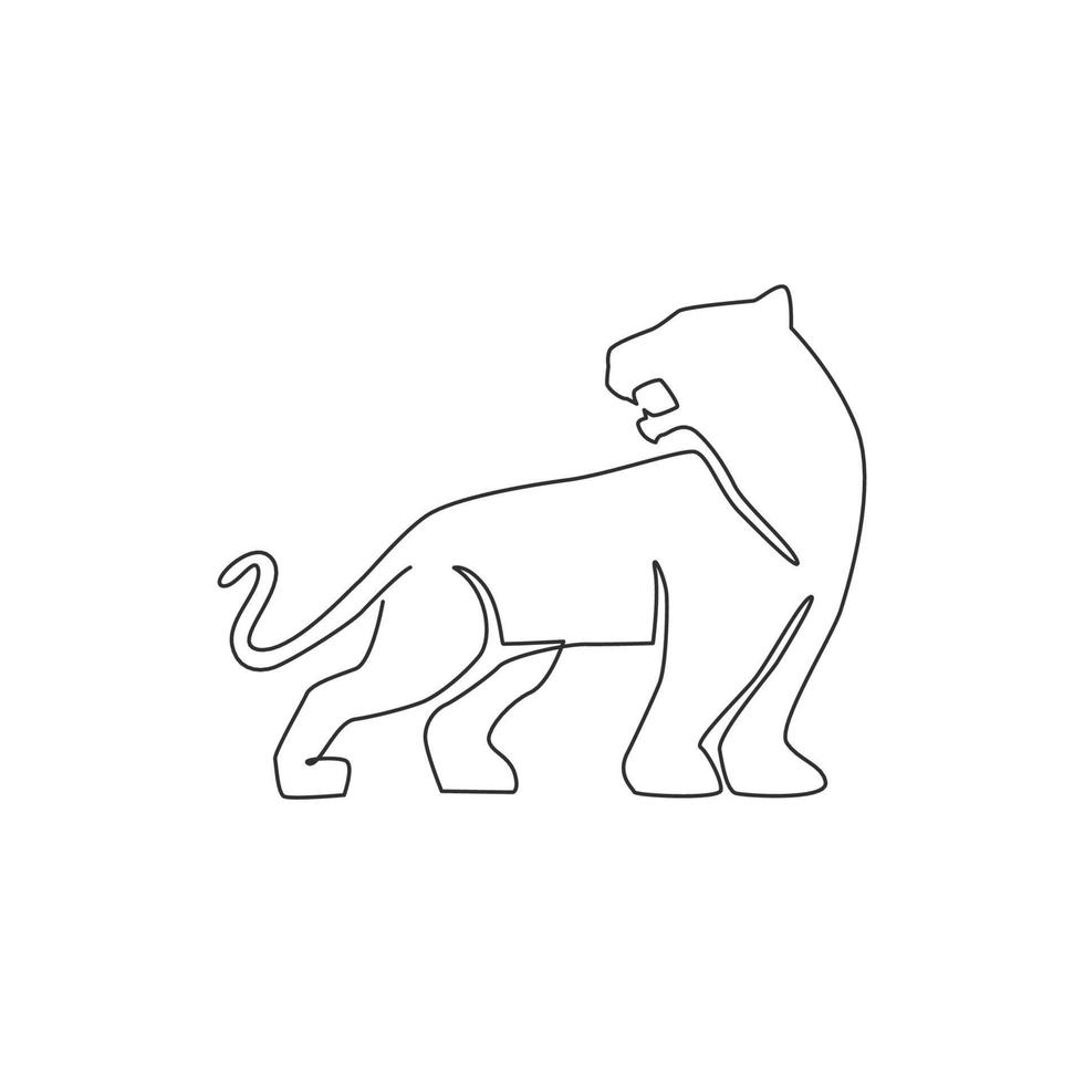 desenho de linha única contínua do elegante leopardo para a identidade do logotipo da equipe de caçadores. conceito de mascote animal perigoso jaguar mamífero para clube de esporte. ilustração moderna de design gráfico vetorial de desenho de uma linha vetor