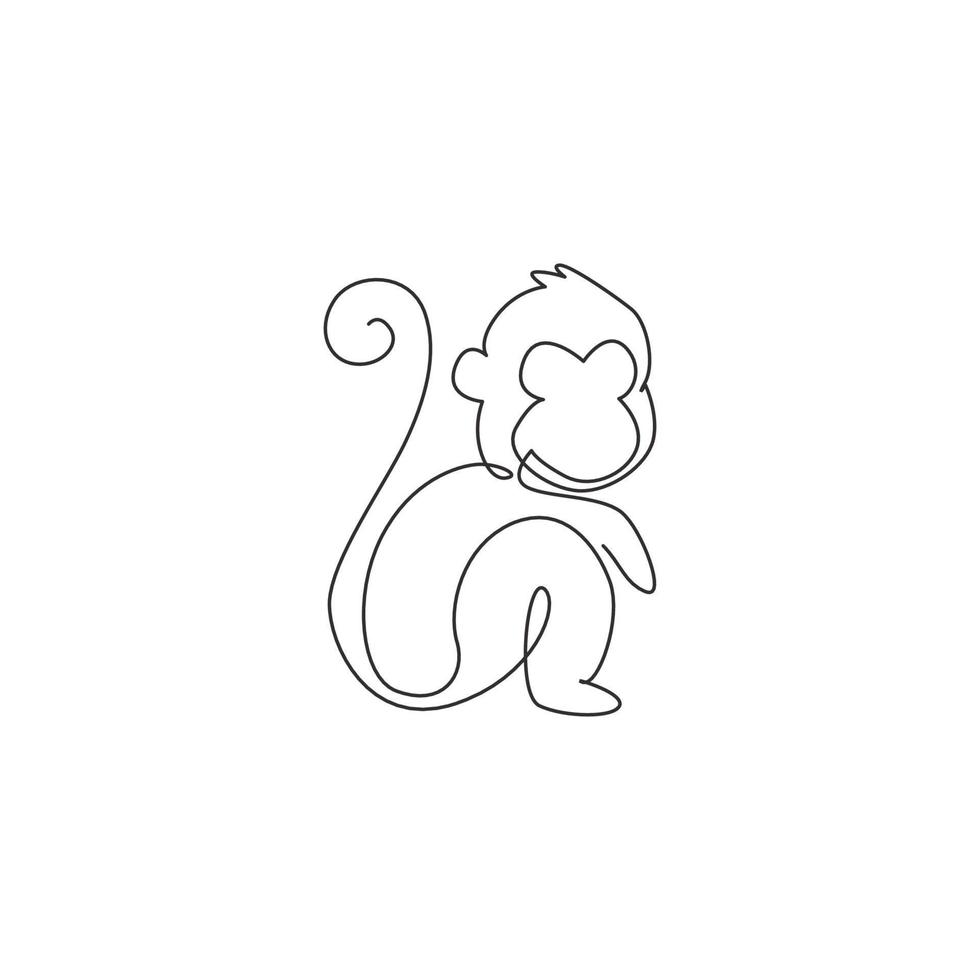 um desenho de linha contínua de um macaco bonito sentado para a identidade do logotipo da selva de conservação. conceito de mascote animal adorável primata para o ícone do parque nacional. ilustração em vetor desenho desenho de linha única