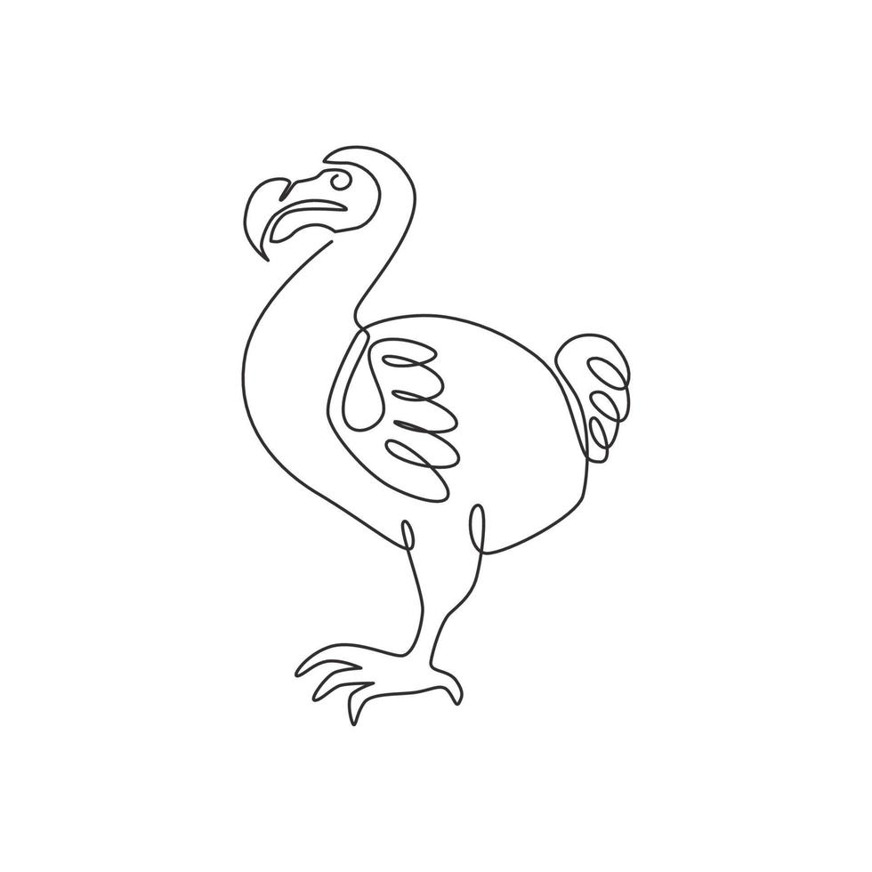 um único desenho de linha do adorável e divertido pássaro dodô para a identidade do logotipo. conceito de mascote animal extinto para o ícone do parque nacional de conservação. ilustração em vetor design gráfico moderno linha contínua