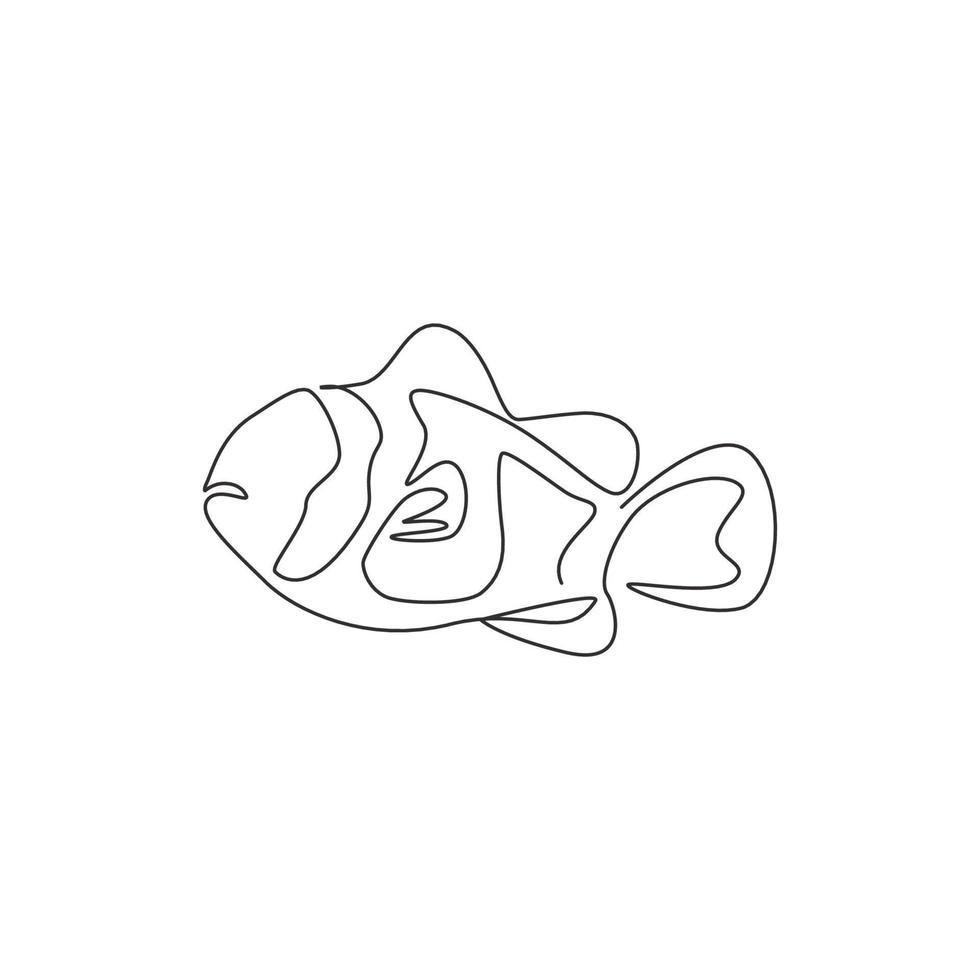 um desenho de linha contínua de adorável peixe-palhaço para a identidade do logotipo do aquário de água do mar. conceito de mascote anemonefish despojado para o ícone do show aquático. ilustração em vetor moderno desenho de linha única