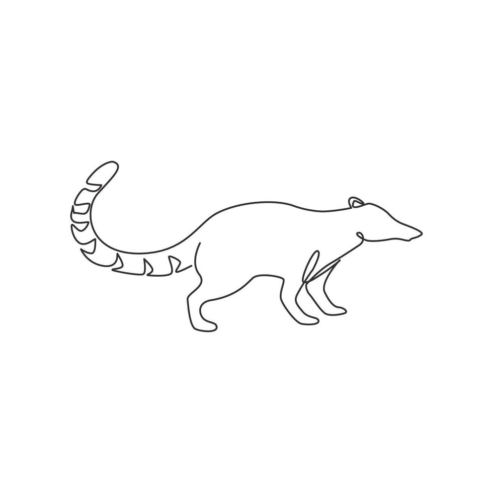 um desenho de linha contínua de coati bonito para a identidade do logotipo da empresa. conceito diurno da mascote de mamíferos para o ícone do zoológico nacional. ilustração em vetor gráfico moderno desenho de linha única