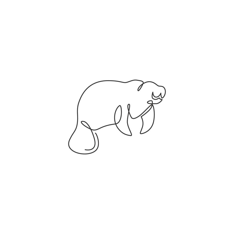 um único desenho de linha do adorável peixe-boi para a identidade do logotipo da fundação. conceito da mascote de mamíferos marinhos herbívoros para o ícone do mundo do mar. ilustração em vetor desenho moderno linha contínua
