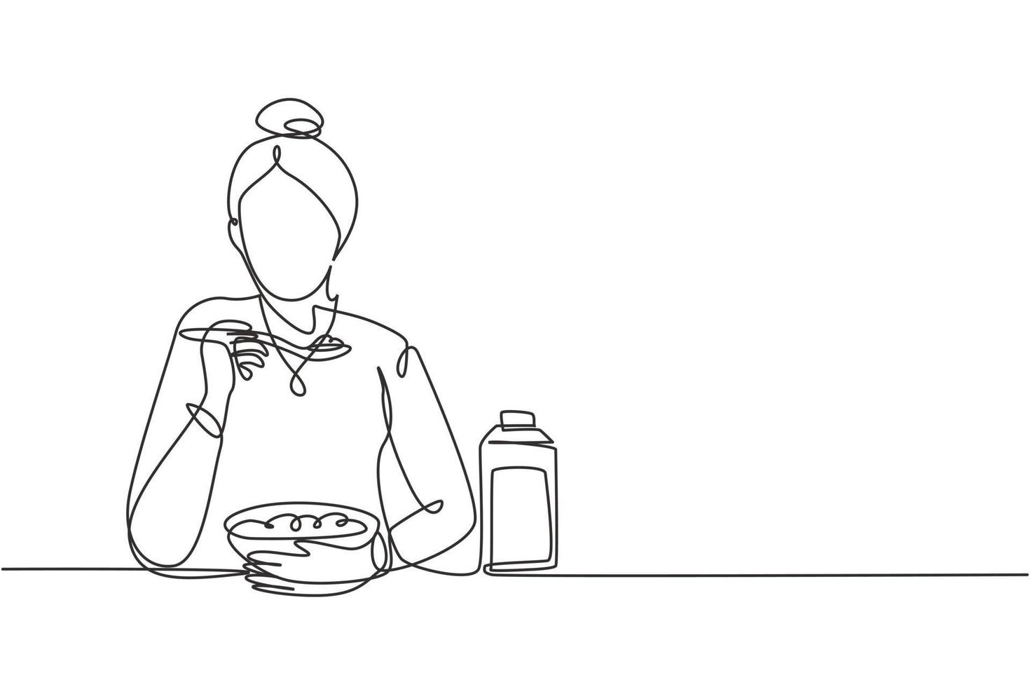 único desenho de linha jovem mulher comendo cereal com leite e colher. Desfrute do café da manhã em casa. conceito de comida deliciosa e saudável. ilustração em vetor gráfico design moderno linha contínua