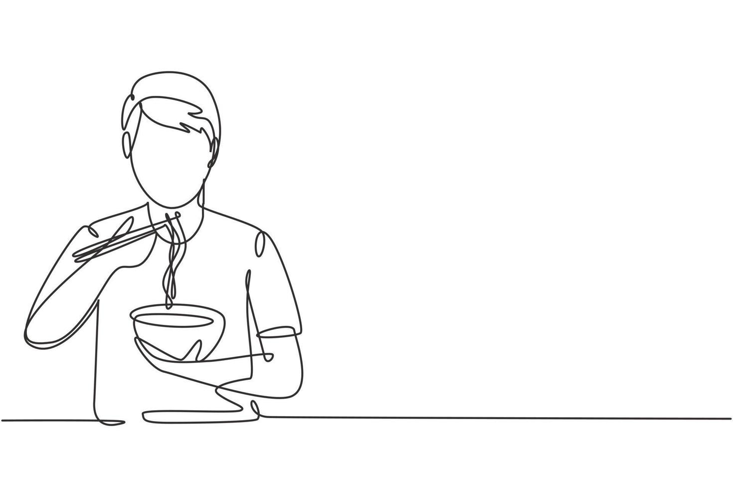 único desenho de linha jovem macho comendo macarrão refeição com pauzinhos ao redor da mesa. aproveite o almoço quando estiver com fome. comida deliciosa e saudável. ilustração em vetor gráfico design moderno linha contínua