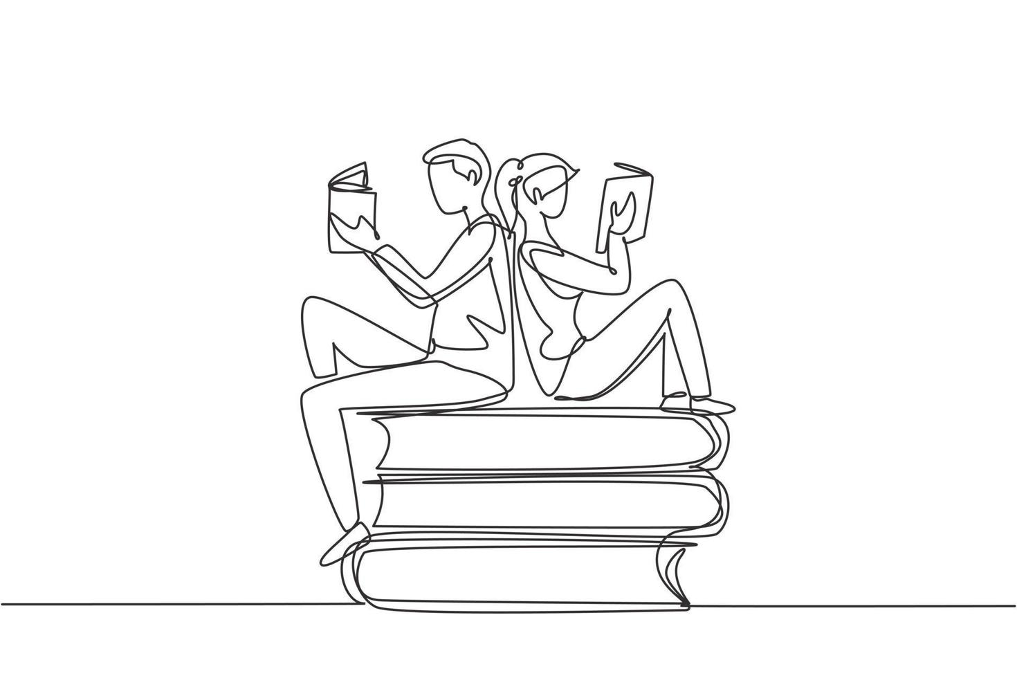 única linha de desenho de alunos, mulher e homem lendo, aprendendo e sentado em grandes livros. estudo na biblioteca. fãs ou amantes da literatura. ilustração em vetor gráfico design moderno linha contínua