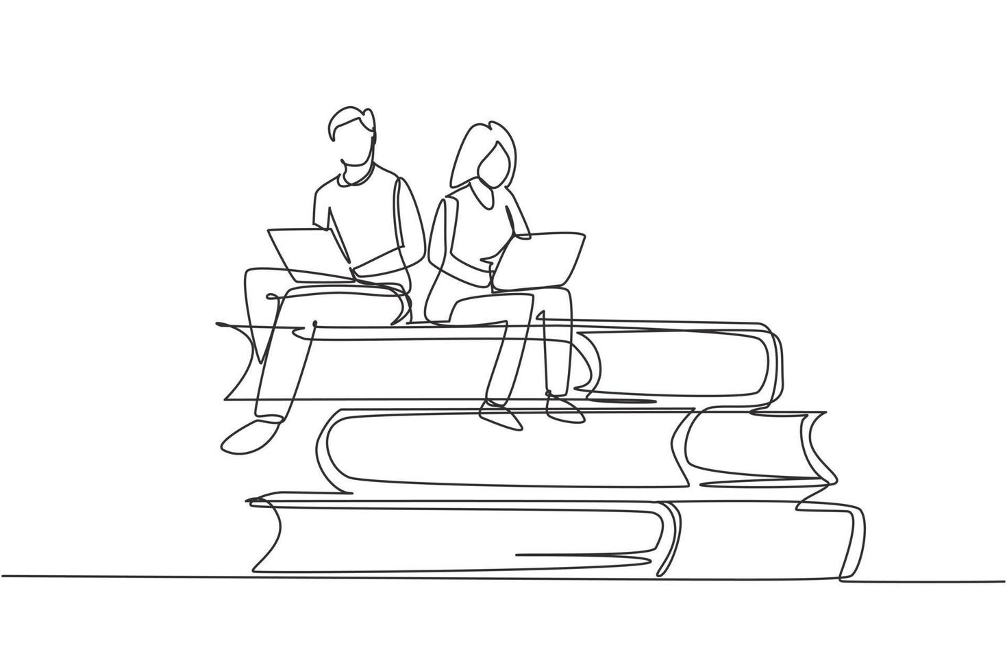 contínua uma linha de desenho casal com laptop sentado na pilha de livros juntos. freelance, ensino à distância, cursos online, conceito de estudo. ilustração gráfica de vetor de desenho de linha única