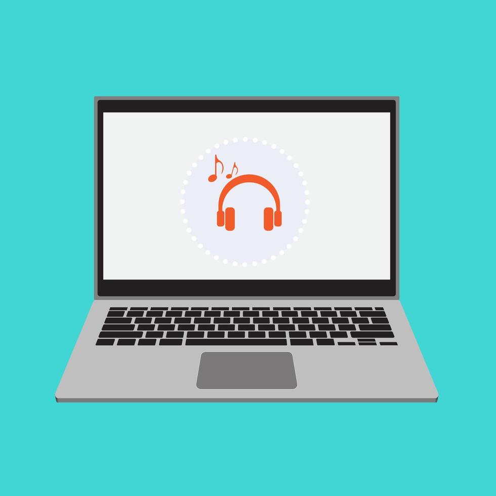 conectados rádio música transmissão serviço conceito com laptops, fones de ouvido e listas de reprodução. audio jogador e conectados transmissão Internet meios de comunicação dispositivo. vetor