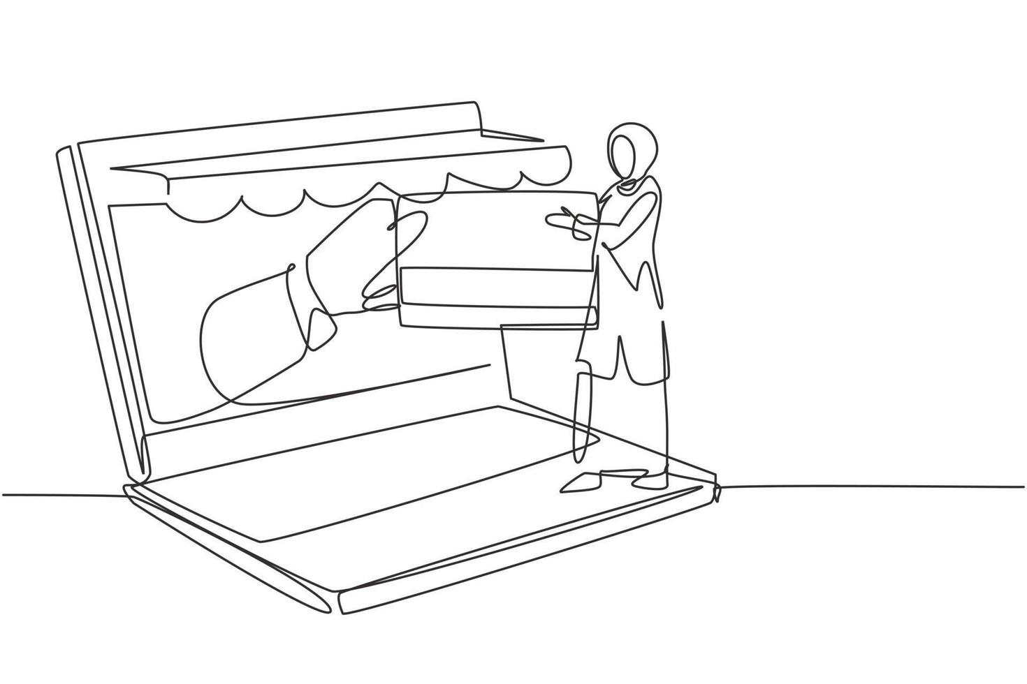 contínua uma linha desenho jovem árabe inserindo o cartão de crédito na grande tela do laptop com dossel e aceita à mão. conceito de pagamento digital. ilustração gráfica de vetor de desenho de linha única