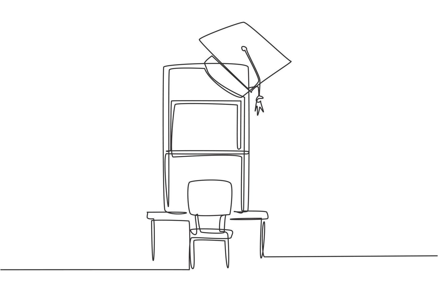 desenho de uma linha contínua única cadeiras de estudo vazias e mesas voltadas para a tela do smartphone, na qual há um quadro branco e uma tampa de formatura na parte superior. ilustração em vetor desenho gráfico dinâmico de uma linha