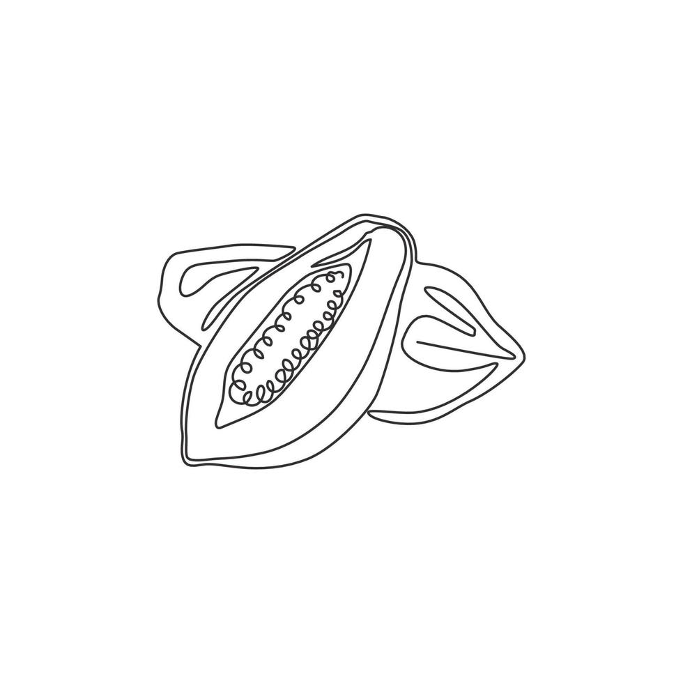 um desenho de linha contínuo, meio fatiado e mamão orgânico inteiro saudável para o logotipo do pomar. ícone de jardim de frutas de conceito de frutas frescas do verão. ilustração em vetor gráfico moderno desenho de linha única
