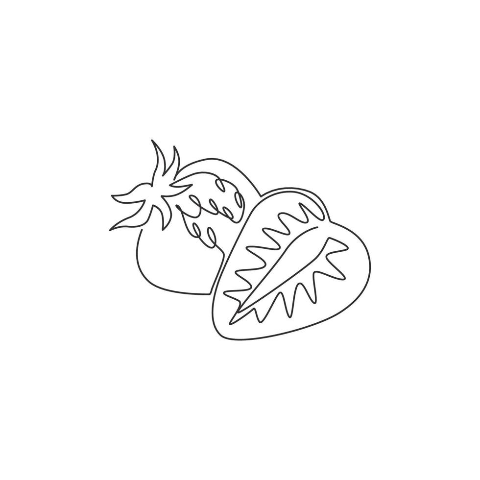 desenho de linha única fatiado morango orgânico saudável para identidade do logotipo do pomar. conceito de fruta de baga fresca para ícone de jardim de frutas. linha contínua moderna desenhar ilustração vetorial de design gráfico vetor