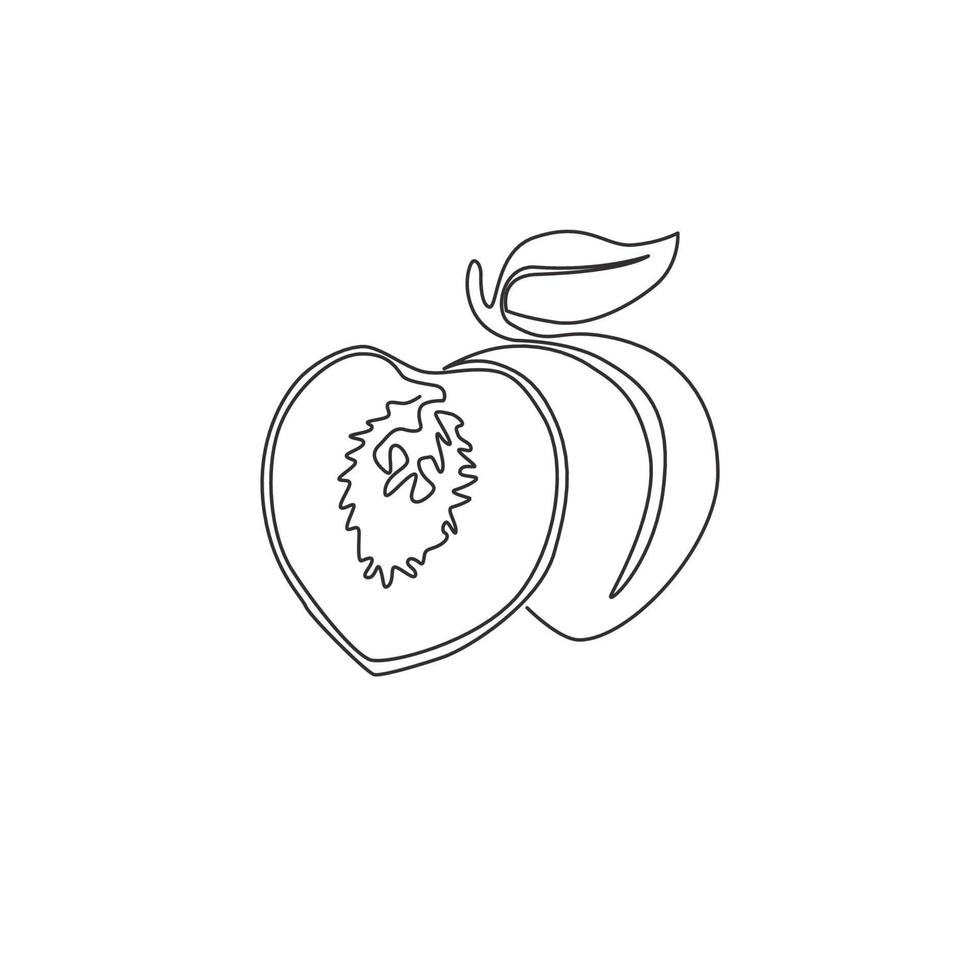 uma única linha desenhando pêssego orgânico saudável inteiro e fatiado para a identidade do logotipo do pomar. conceito de fruta fresca para ícone de jardim de frutas. ilustração gráfica do vetor moderno desenho linha contínua