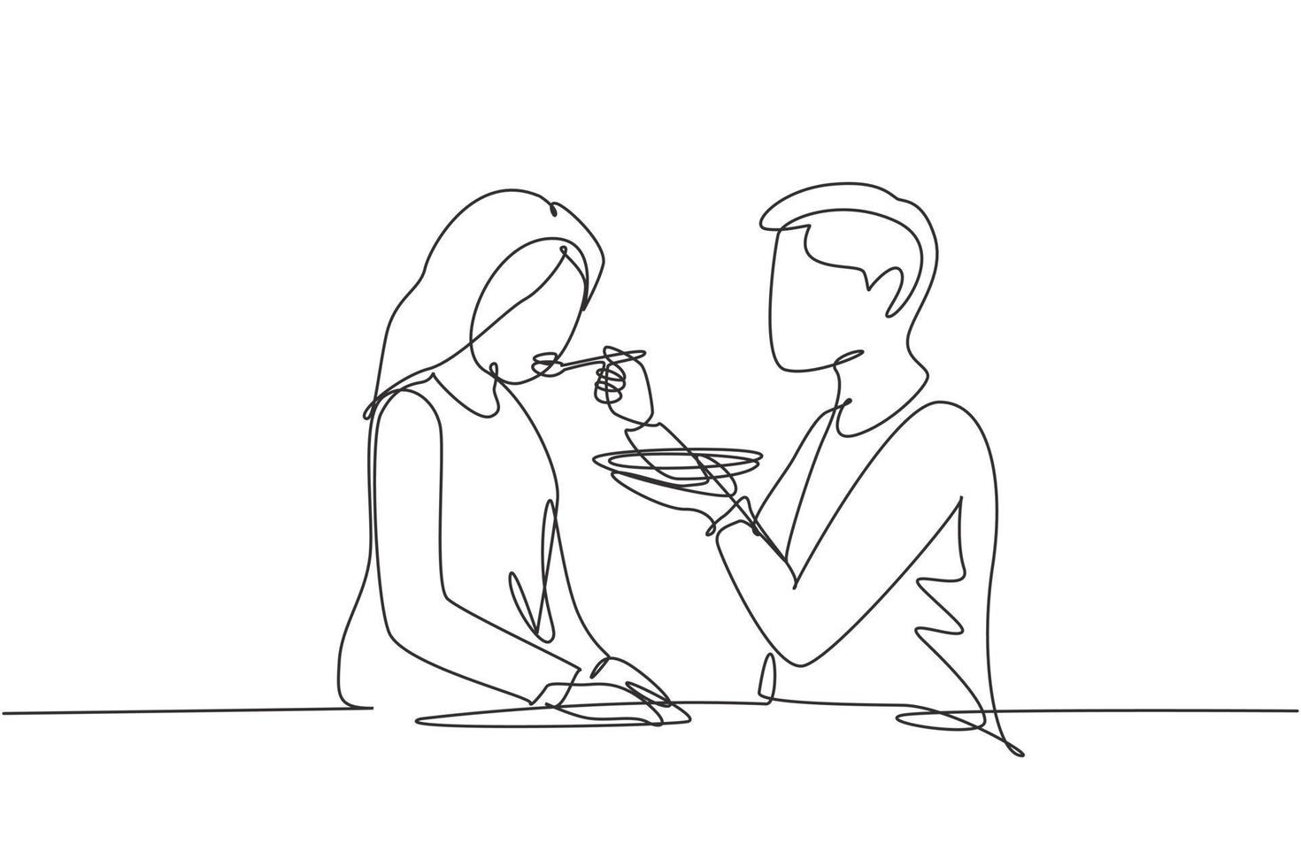 contínuo um desenho de linha romântico masculino alimenta sua esposa. jovem casal feliz jantando juntos no restaurante. comemorar aniversários de casamento. ilustração gráfica de vetor de desenho de linha única