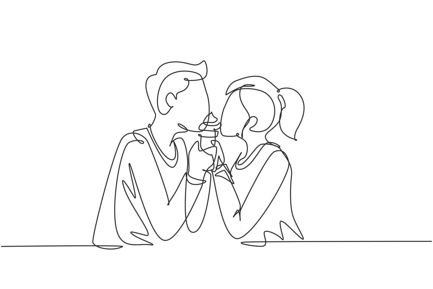 única linha contínua desenho jovem casal lindo compartilhando casquinha de sorvete. comemore aniversários e desfrute de um almoço romântico no restaurante. ilustração em vetor desenho gráfico dinâmico de uma linha
