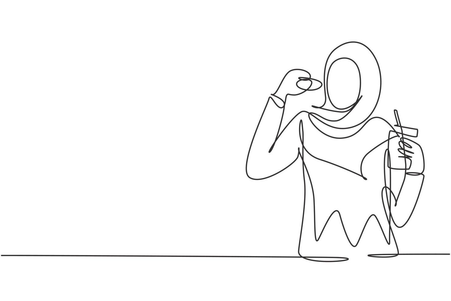 contínua uma linha desenho jovem mulher árabe tendo refeição donut e beber uma xícara de café com a mão. aproveite o café da manhã. comida deliciosa e saudável. ilustração gráfica de vetor de desenho de linha única