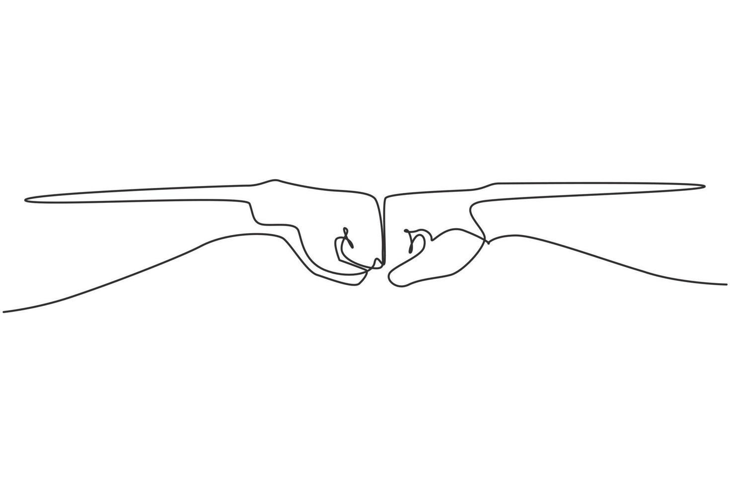 única linha contínua desenhando as mãos de dois homens erguendo os punhos. sinal ou símbolo de poder, golpe, ataque, força. comunicação com gestos com as mãos. ilustração em vetor desenho gráfico de uma linha