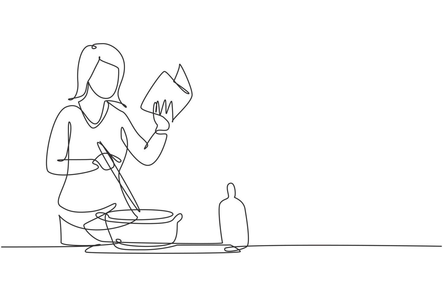 único desenho de linha jovem mulher cozinhando enquanto lê o livro que ela está segurando. conceito de estilo de vida de comida saudável. cozinhar em casa. Preparar comida. linha contínua desenhar design gráfico ilustração vetorial vetor