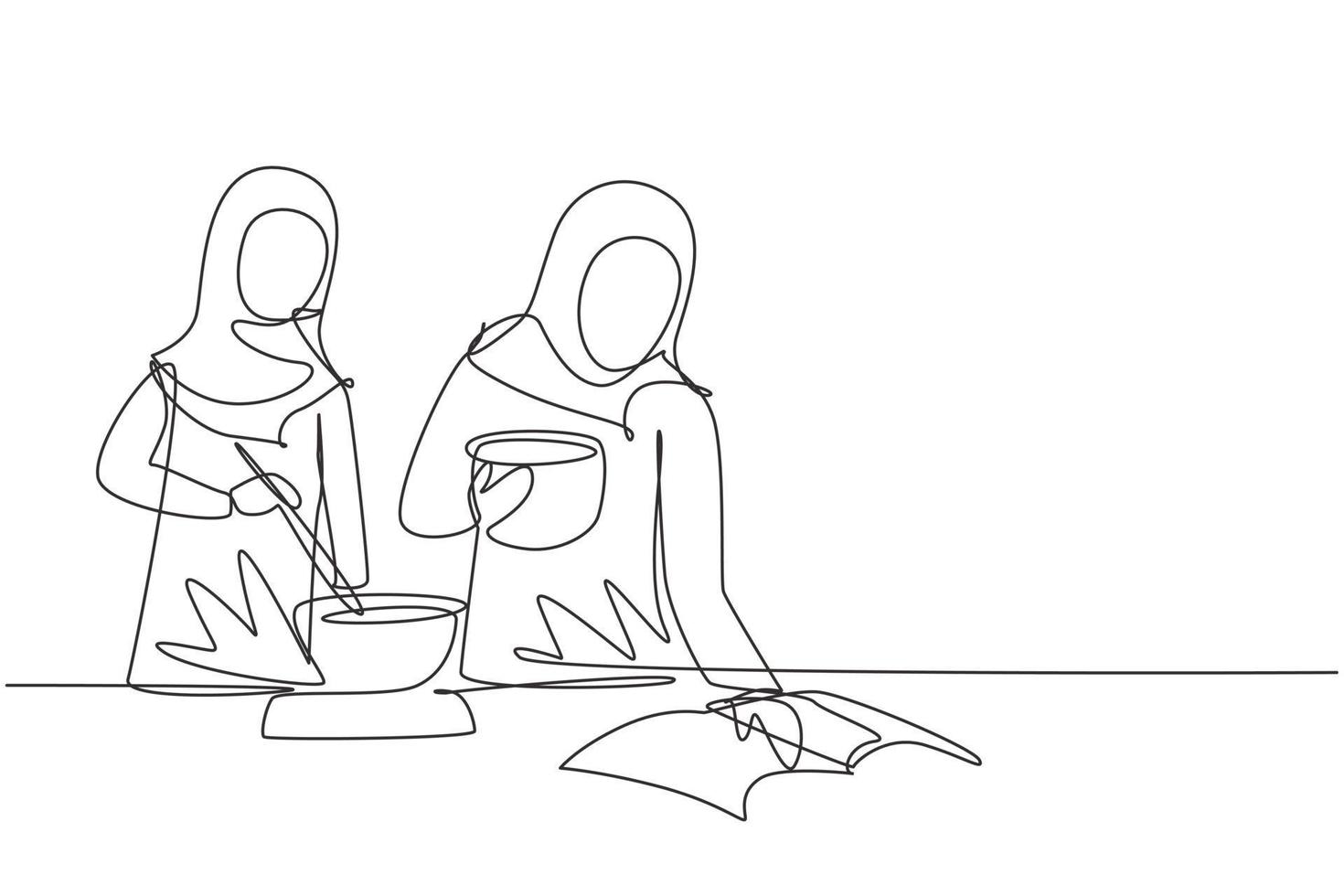 única linha contínua desenhando duas mulheres árabes cozinhando a refeição enquanto lê o livro tutorial na mesa da cozinha aconchegante em casa. estilo de vida alimentar saudável. ilustração em vetor desenho gráfico dinâmico de uma linha