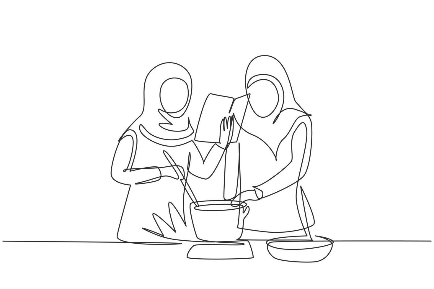 única linha contínua desenhando duas mulheres árabes cozinhando enquanto lê o livro que ela está segurando. conceito de estilo de vida de comida saudável. cozinhar em casa. Preparar comida. ilustração em vetor desenho gráfico de uma linha