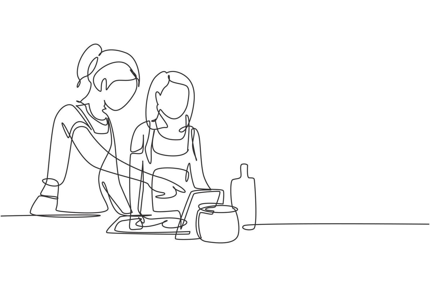 contínua uma linha de desenho feliz mãe e filha cozinhando juntas enquanto assistiam ao tutorial do tablet. aprenda a cozinhar com tecnologia moderna. ilustração gráfica de vetor de desenho de linha única