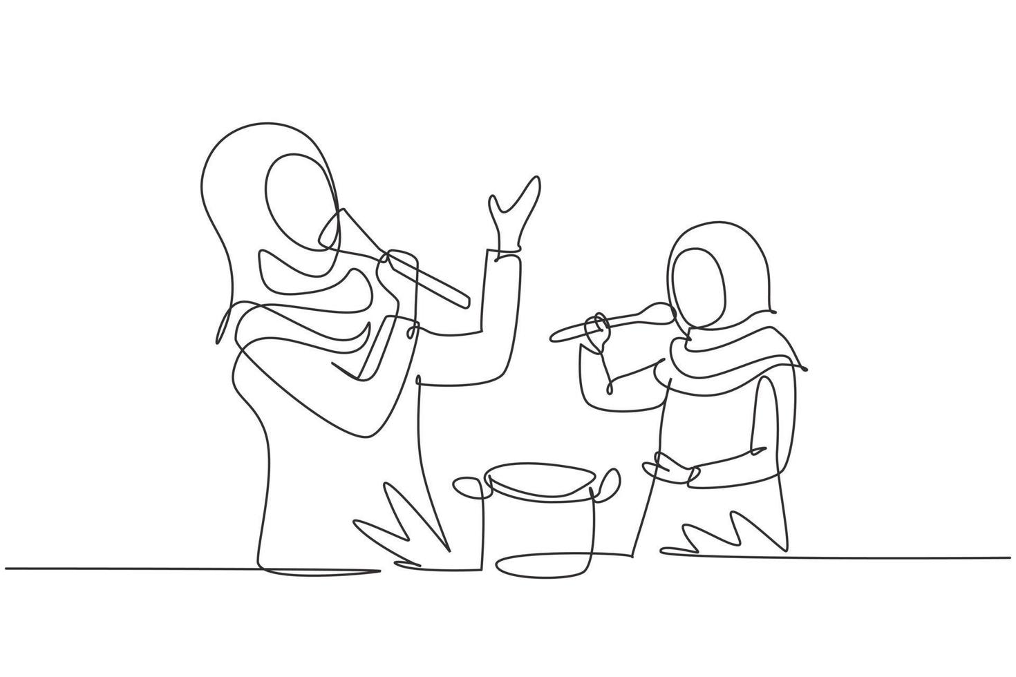 contínua uma linha desenhando a alegre mãe árabe e sua filha cantando enquanto cozinham juntas, usando espátula e colher como microfones. ilustração gráfica de vetor de desenho de linha única