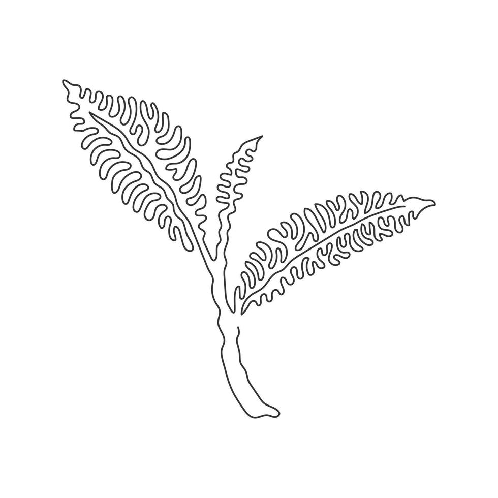 desenho de uma linha única folha de chá orgânica inteira saudável para a identidade do logotipo de bebida à base de ervas. conceito de natureza fresca para o ícone da plantação de chá. estilo de onda de redemoinho. moderna linha contínua desenhar design gráfico vetorial vetor