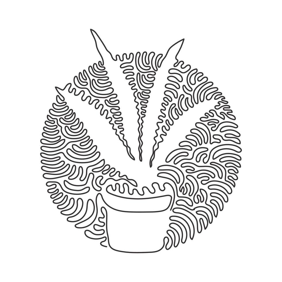 desenho de uma linha única planta cobra em vaso para identidade do logotipo de decoração de casa. conceito de planta perene perene fresca para o ícone da planta. redemoinho curl círculo estilo de fundo. vetor de desenho de desenho de linha contínua