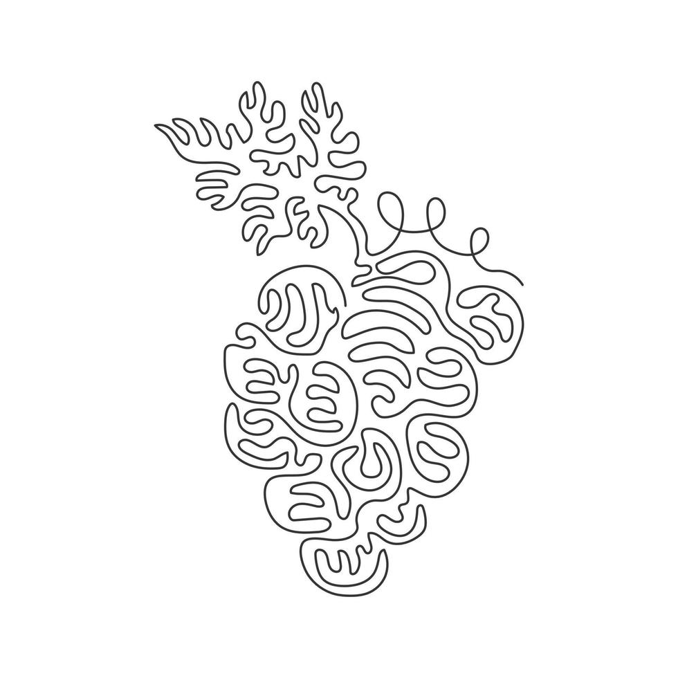 única linha contínua desenhando uvas orgânicas saudáveis para a identidade do logotipo do vinhedo. conceito de frutas tropicais frescas para ícone de jardim de pomar de frutas. estilo de onda de redemoinho. vetor de design gráfico de desenho de uma linha