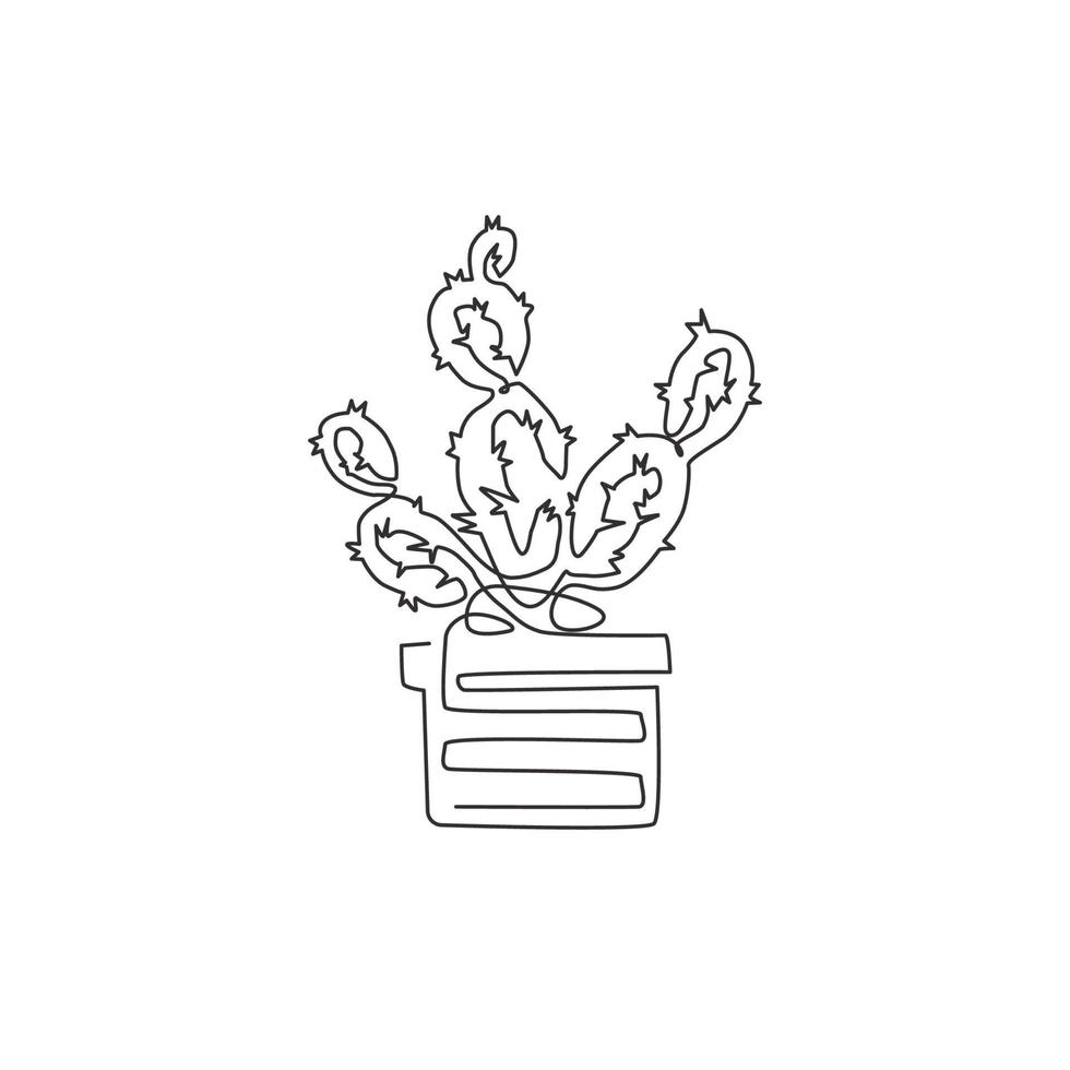 um desenho de linha contínua de um lindo cacto espinhoso tropical em vaso. conceito de planta de casa decorativa imprimível para ornamento de papel de parede de decoração de casa. ilustração em vetor moderno desenho de linha única