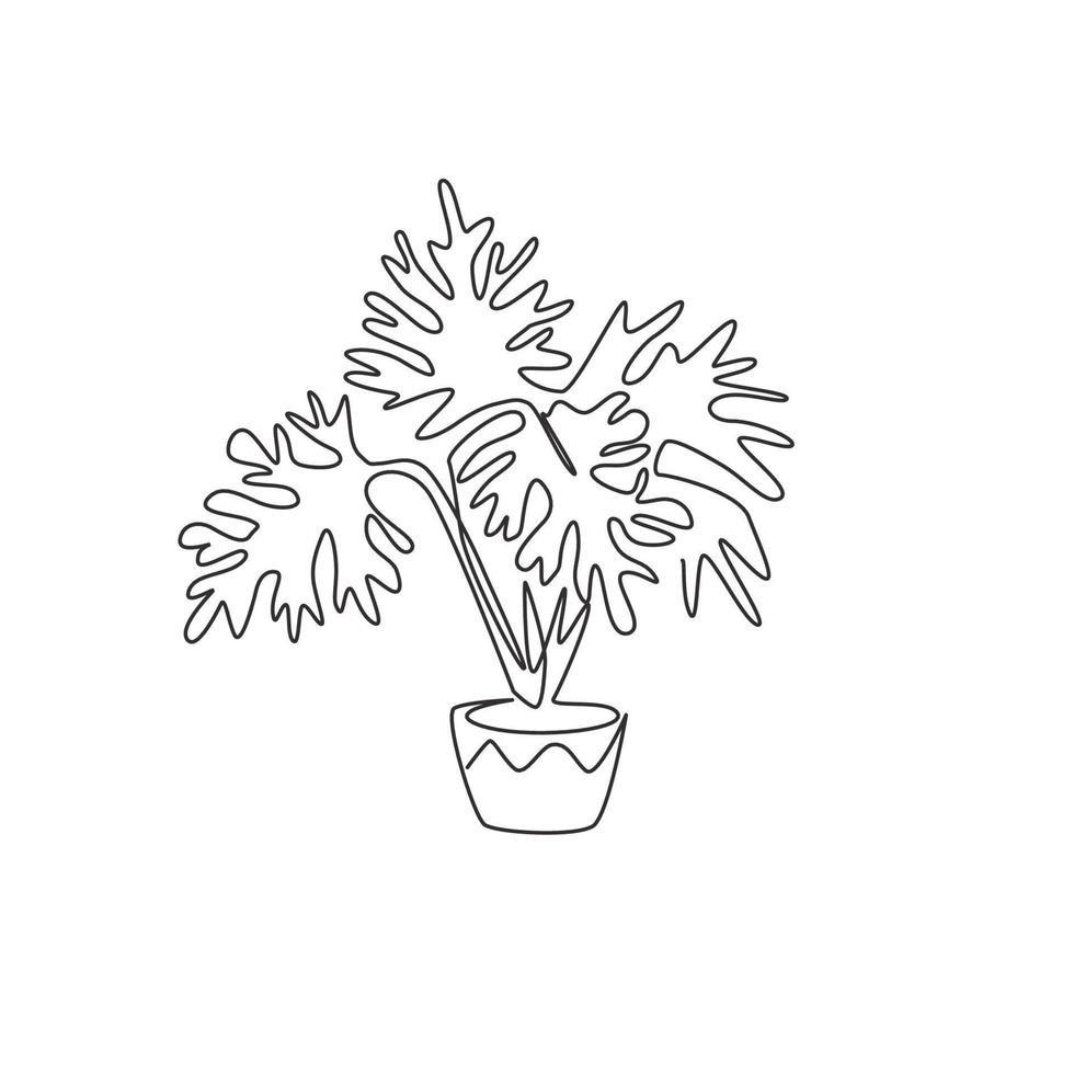 um desenho de linha contínua de planta de folha tropical em vaso. conceito de planta de casa de selloum de filodendro decorativo para impressão para decoração de parede de casa. ilustração gráfica de vetor moderno desenho de linha única
