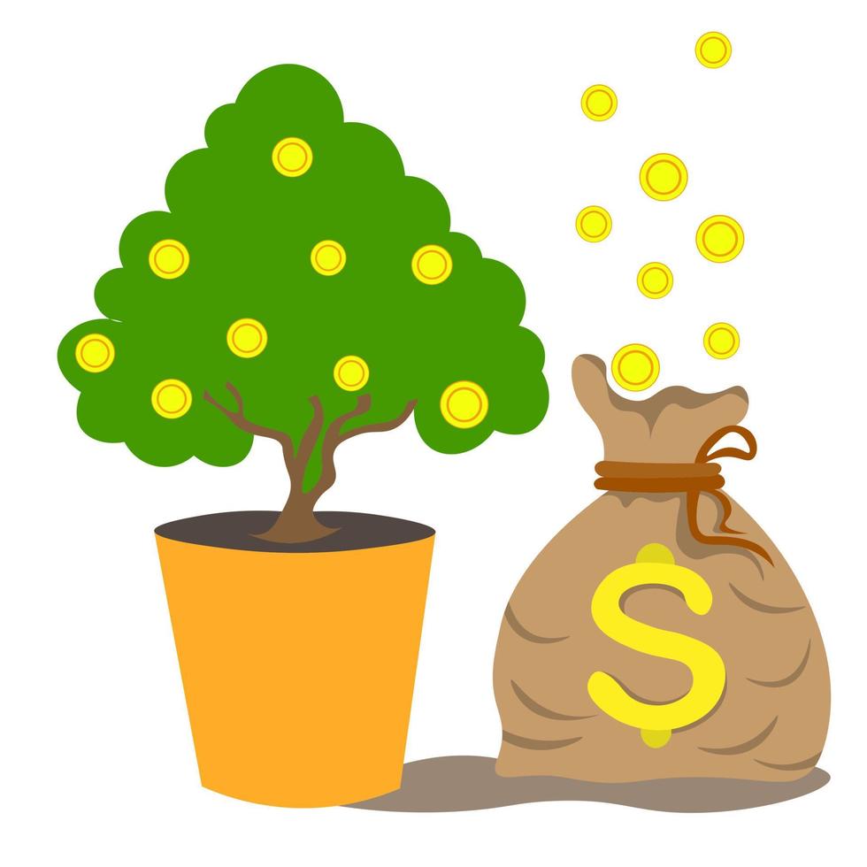 a árvore do dinheiro em um pote de laranja com moedas de ouro, há um saco de dinheiro ao lado. conceito de investimentos e poupança, renda, crescimento de moedas, dinheiro, ganhos. ilustração vetorial superior. vetor