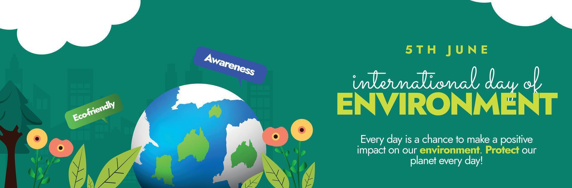 internacional dia do ambiente. 5 ª Junho meio Ambiente dia social meios de comunicação cobrir com grande terra globo cercado de flores, da folha, árvores e discurso bolhas dentro verde fundo. meio Ambiente Cuidado dia vetor