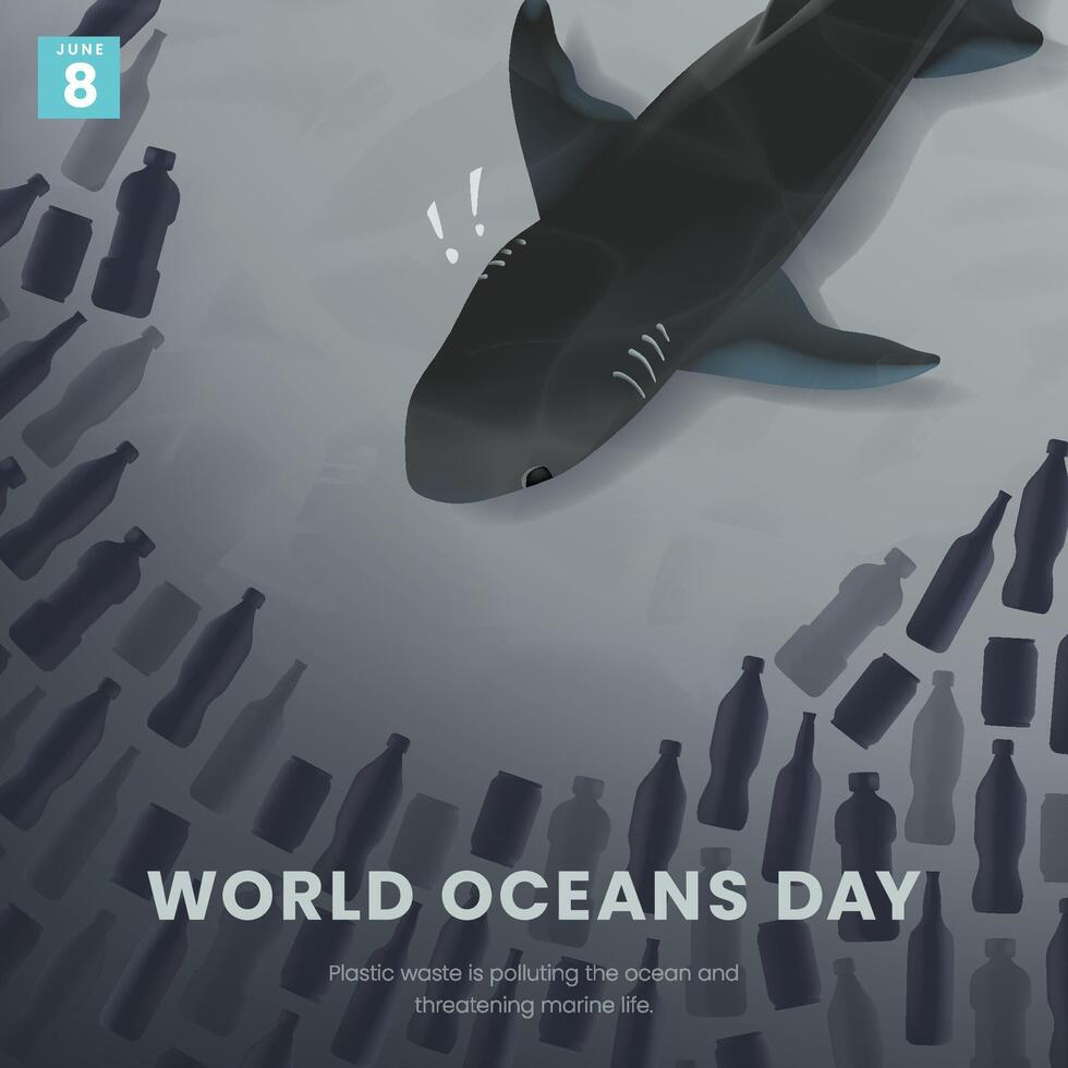 mundo oceanos dia Projeto modelo com tubarões e marinho lixo vetor