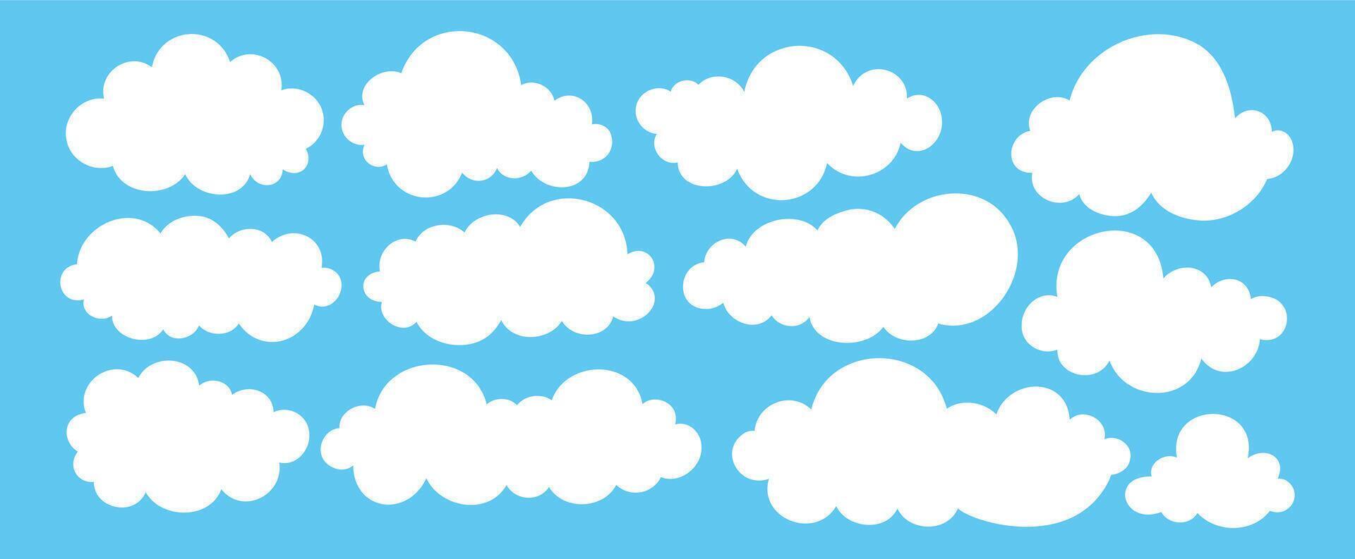 conjunto branco plano nuvens, céu, nuvens, nuvens coleção em azul fundo vetor