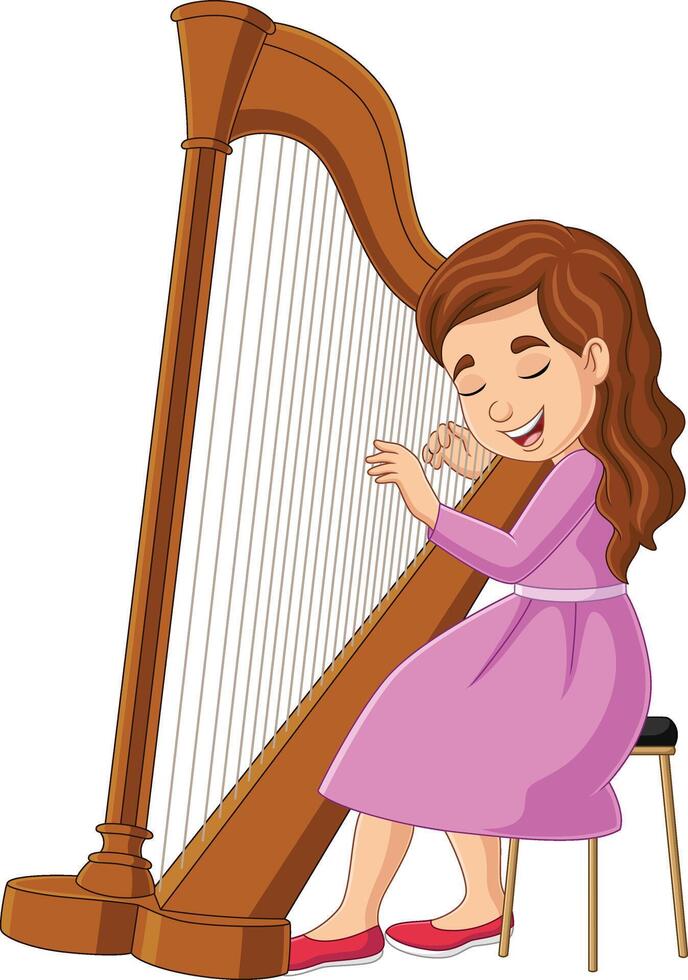 desenho animado pequeno menina jogando harpa vetor