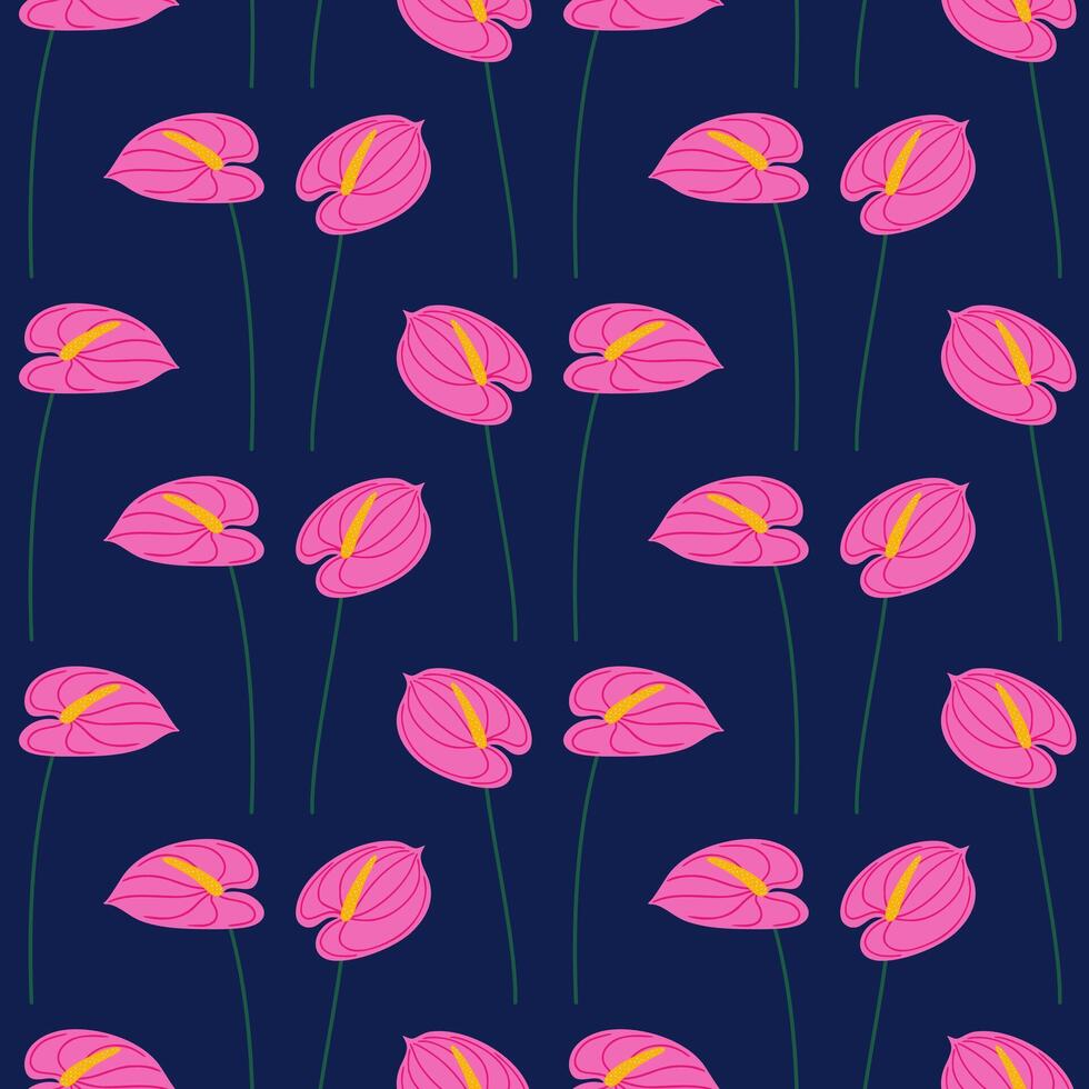 antúrio Rosa flores, desatado padronizar. verão floral ilustração em uma Sombrio fundo. brilhante Primavera botânico imprimir, moderno estilo Projeto vetor