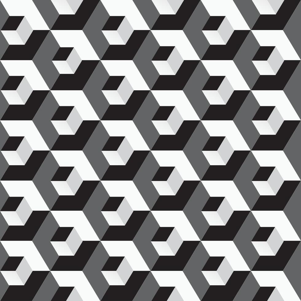 desatado geométrico padronizar. monocromático cubos Repetivel fundo. decorativo Preto e branco 3d textura vetor