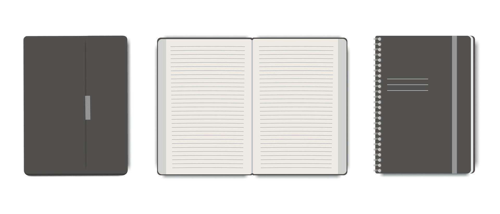 realista diário conjunto modelo. caderno com uma em branco aberto página dentro uma linha, uma caderno com uma fecho, uma caderno com uma metal espiral. conciliar Itens conceito. vetor
