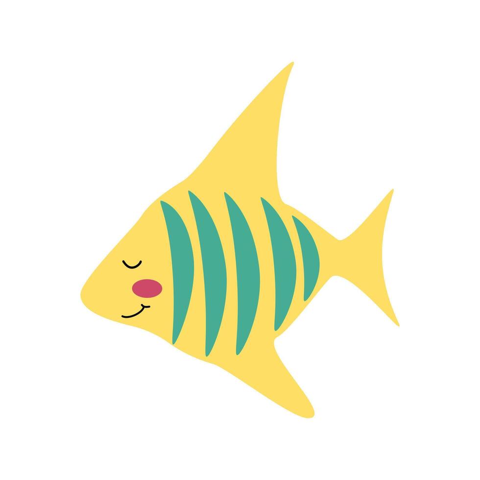 tropical amarelo listrado peixe com afiado barbatanas, mar animal. desenho animado ilustração para adesivos, crianças livros, produtos, quarto decoração. vetor