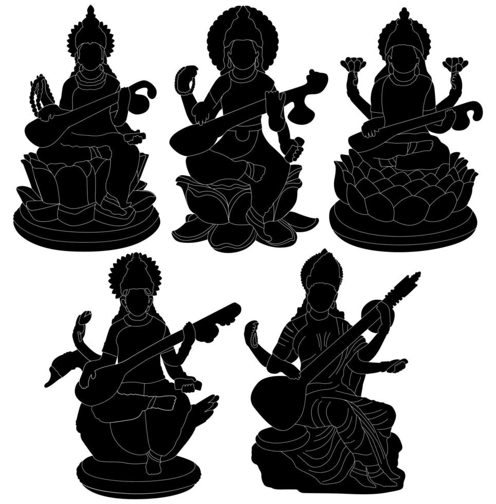 conjunto deusa saraswati silhueta ícone. vasante panchami puja símbolo Projeto vetor