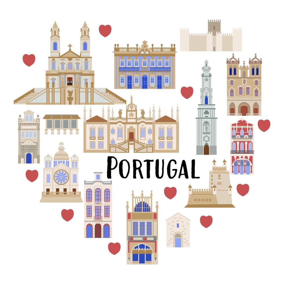 conjunto com arquitetônico marcos do Portugal, a ilustração é fez dentro uma plano estilo para papel de parede fundo, presente embalagem, lembrança produtos projeto, cartões postais e cadernos para turistas vetor