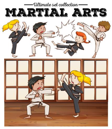 Meninos e meninas treinando artes marciais vetor