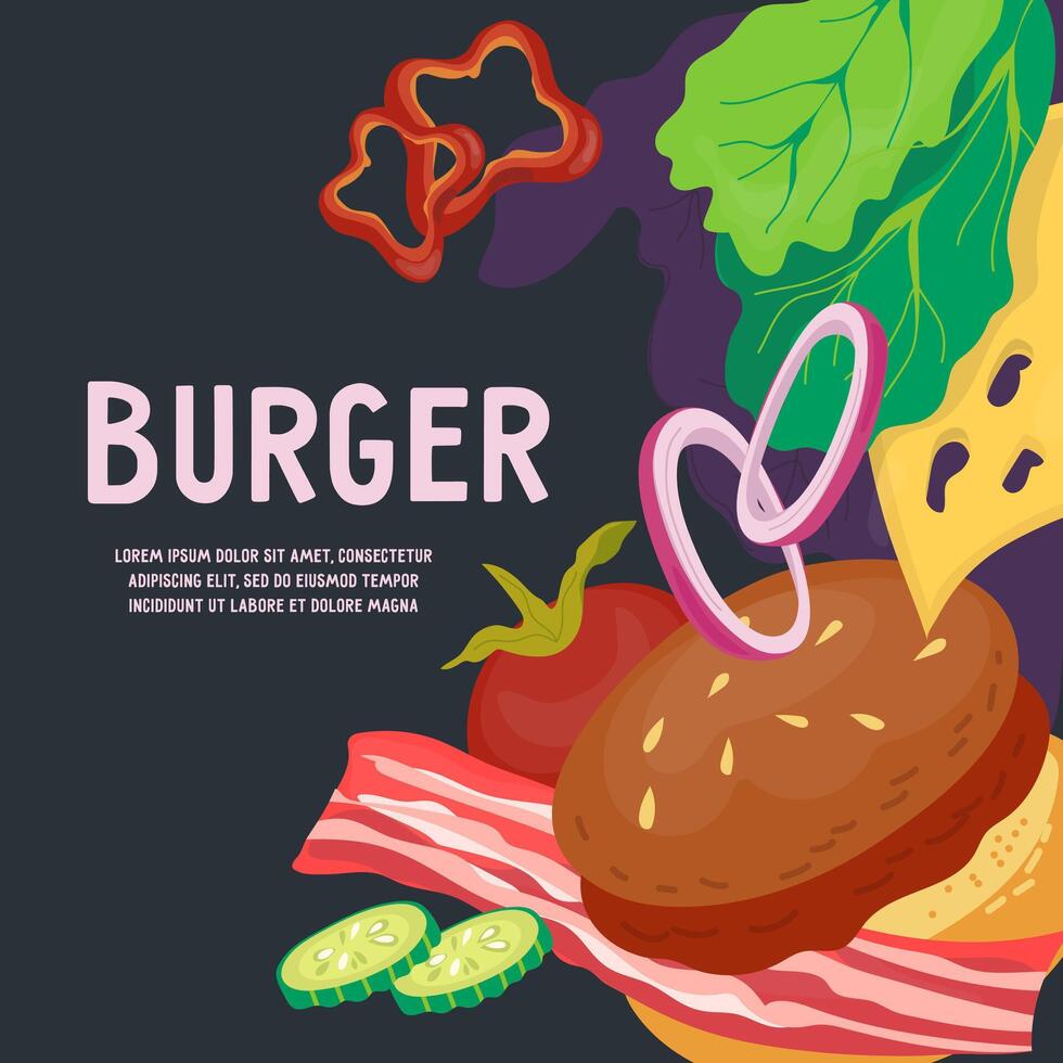 bandeira ou poster modelo com hamburguer e Comida ingredientes. carne e legumes para Hamburger preparando dentro cardápio cobrir ou cartão Projeto. vetor