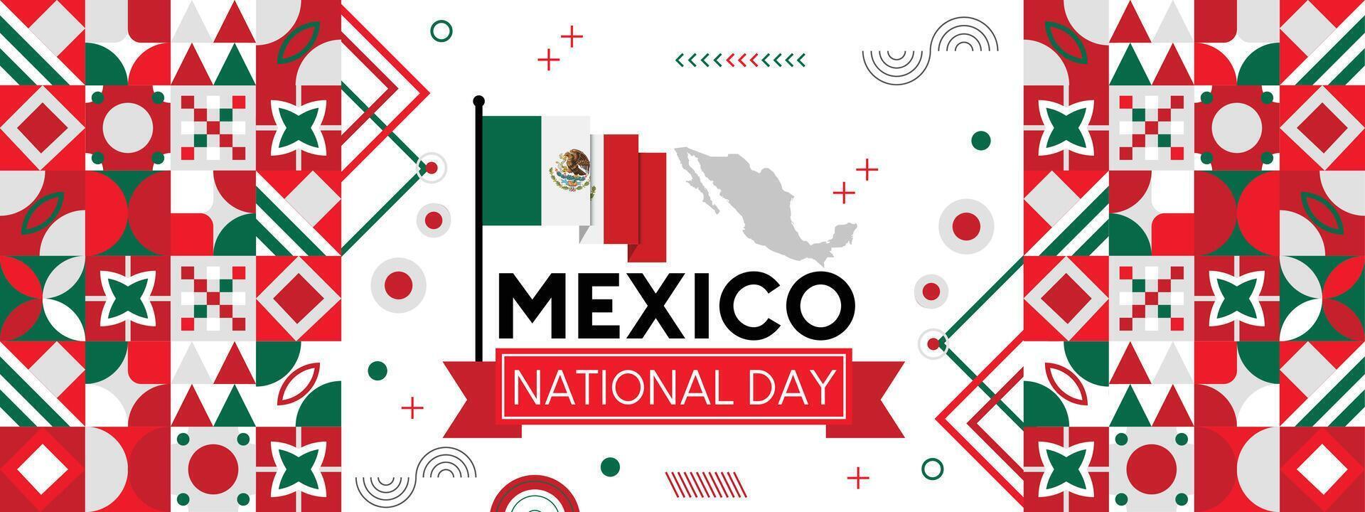 México nacional dia bandeira com mapa, bandeira cores tema fundo e geométrico abstrato retro moderno colorido Projeto vetor