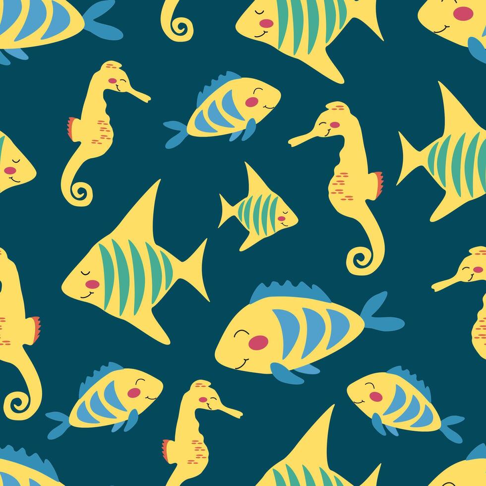 desatado padronizar do desenho animado mar habitantes tropical amarelo peixe e cavalos marinhos em uma azul fundo. ilustração para crianças papel de parede, têxteis, embalagem. vetor