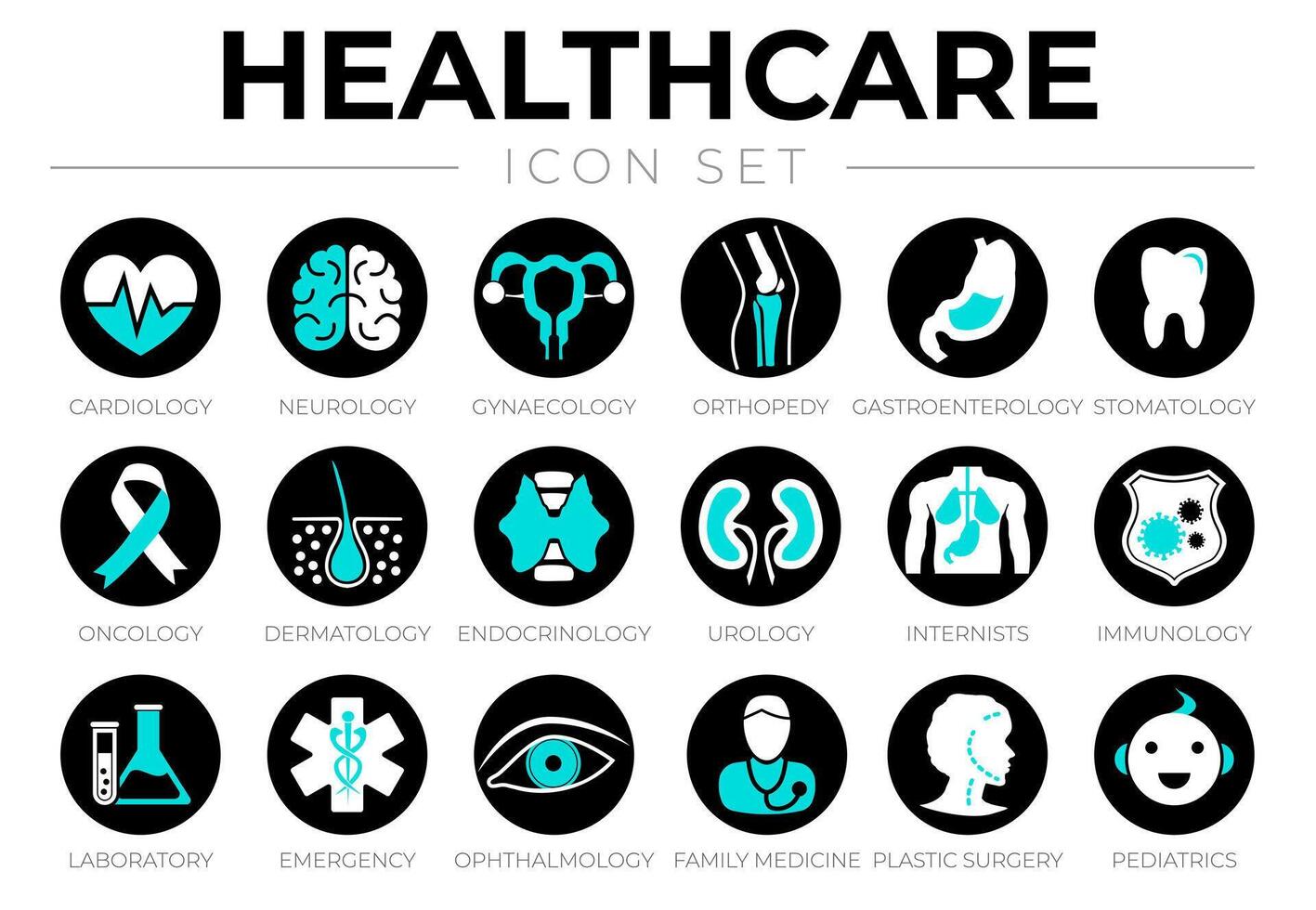 Preto cuidados de saúde ícone conjunto do cardiologia, neurologia, ginecologia, ortopedia, gastroenterologia, urologia, internistas, emergência, oftalmologia, família medicamento, plástico cirurgia, pediatria médico ic vetor